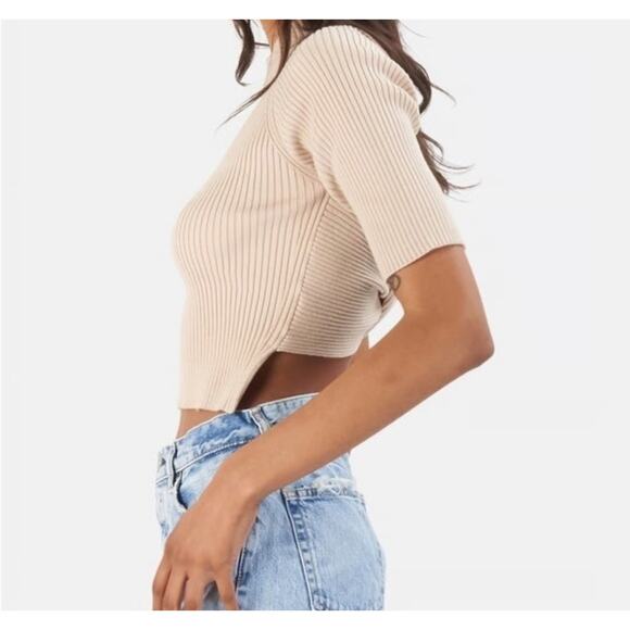 Naadam Tan Beige Ribbed Backless Twist High Neck Crop Top - Picture 1 of 7